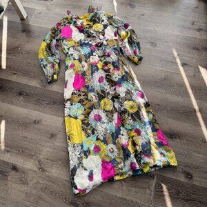 RARE Vtg 60s 70s chiffon frilly floral print maxi dress with neck ruffles / M-L